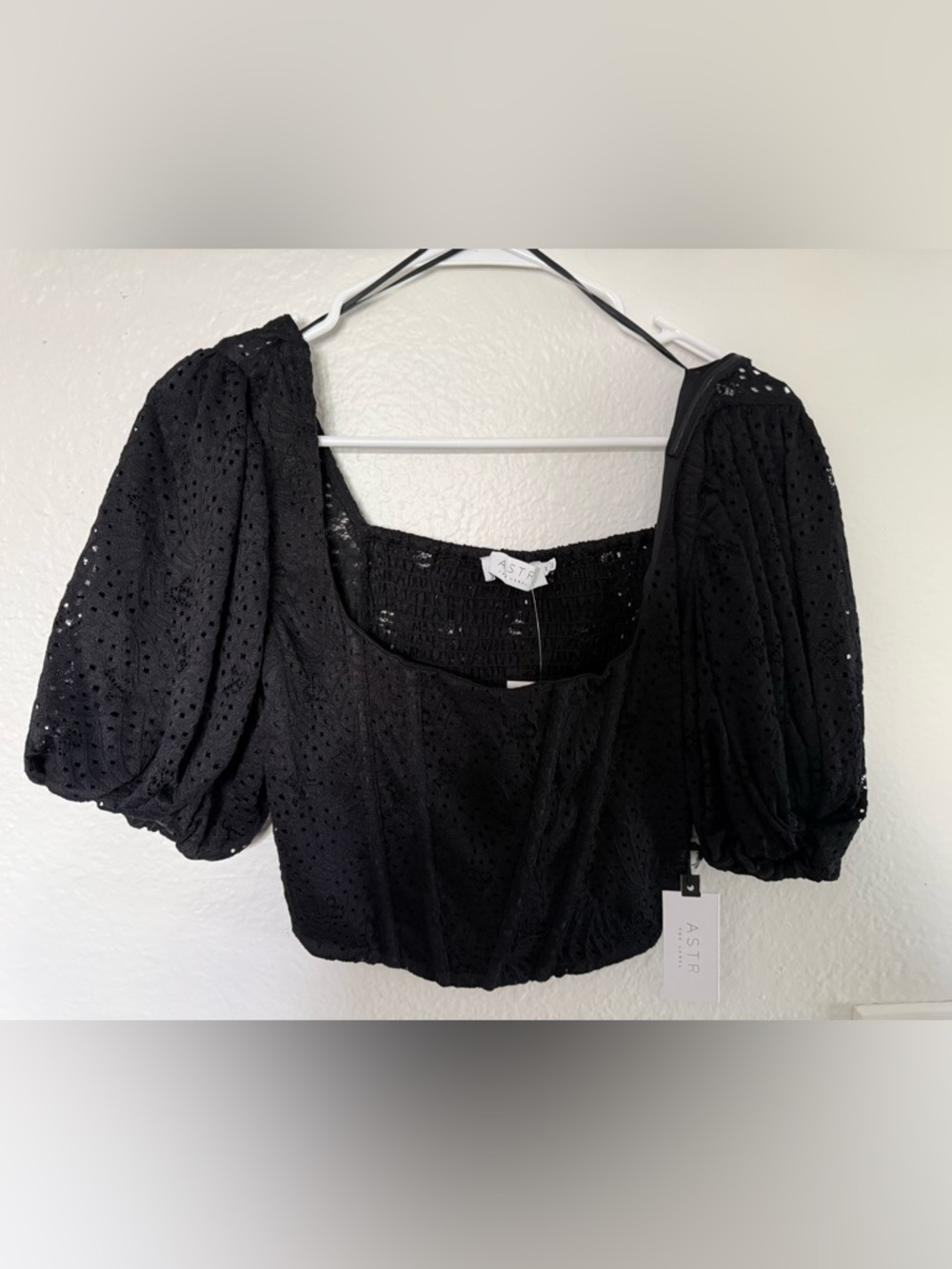 Astr Black Eyelet Puff Sleeve Crop Top